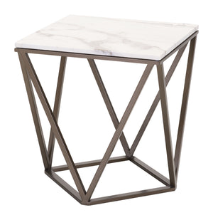 Zuo Modern Tintern Composite Stone, Steel Modern Commercial Grade End Table White, Antique Brass Composite Stone, Steel