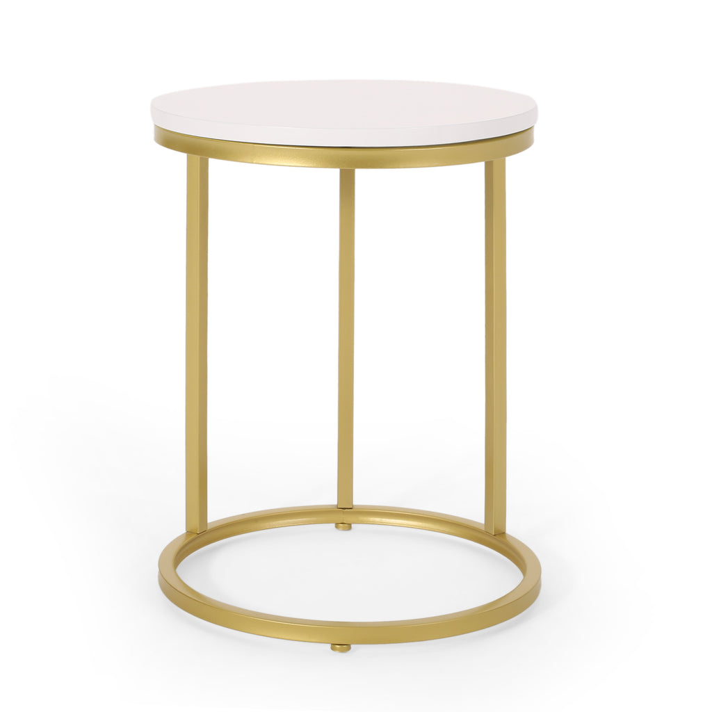 Noble House Ingersol Modern Glam C-Shaped End Table, White and Gold