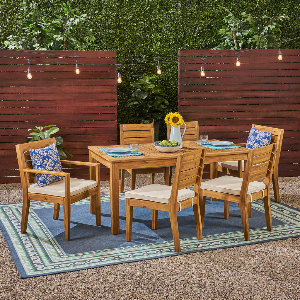 Noble House Nestor Outdoor 6-Seater Acacia Wood Expandable Dining Set, Sandblast Natural and Cream