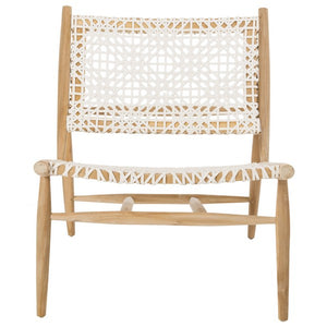 Safavieh Bandelier Accent Chair Leather Weave Off White Natural Wood Teak 7 MM Cowhide ACH1000A 889048453456