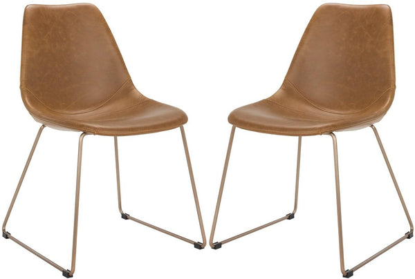 Safavieh - Set of 2 - Dorian Dining Chair Midcentury Modern Leather Light Brown Copper Powder Coating Plywood Foam Stainless Steel PU ACH7003B-SET2 889048316058