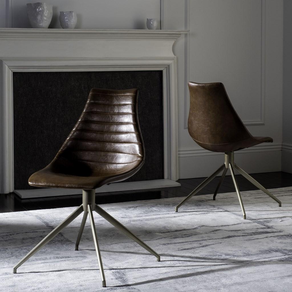 Safavieh - Set of 2 - Lynette Dining Chair Midcentury Modern Leather Swivel Light Brown Brass Powder Coating Plywood FoamSteelPU ACH7006A-SET2 889048259959