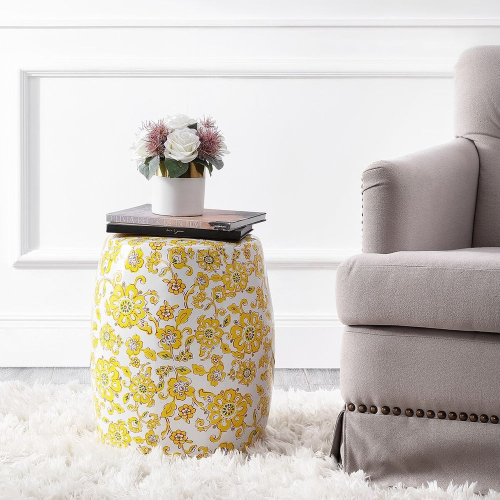 Rainer Garden Stool - Vibrant Yellow Daisy Design on Crisp White Ceramic for Stylish Decor Accents