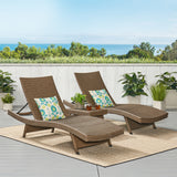 Salem Outdoor 3 Piece Mixed Mocha Wicker Armless Chaise Lounge and Table Set Noble House