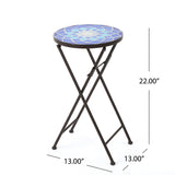 Azure Outdoor Blue and White Glass Side Table with Iron Frame Noble House