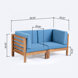 Oana Outdoor Modular Acacia Wood Loveseat with Cushions, Teak and Blue Noble House