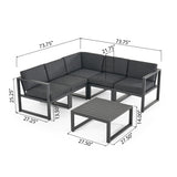Noble House Navan Outdoor Aluminum V Shaped 5 Seater Sectional Sofa Set with Cushions, Dark Gray and Black