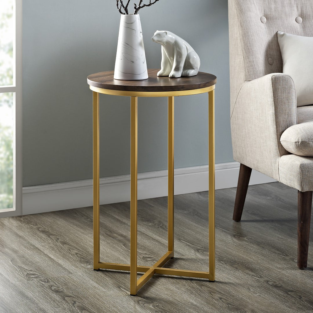 Walker Edison Round Side Table - Dark Walnut/Gold in Durable Laminate, Powder Coated Metal AF16ALSTDWG 842158135056
