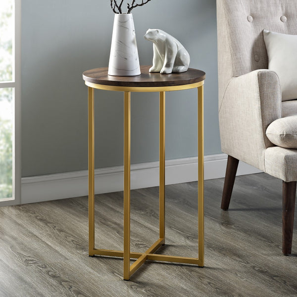 Walker Edison Round Side Table - Dark Walnut/Gold in Durable Laminate, Powder Coated Metal AF16ALSTDWG 842158135056