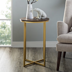 Walker Edison Round Side Table - Dark Walnut/Gold in Durable Laminate, Powder Coated Metal AF16ALSTDWG 842158135056