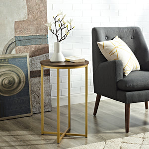 Walker Edison Round Side Table - Dark Walnut/Gold in Durable Laminate, Powder Coated Metal AF16ALSTDWG 842158135056