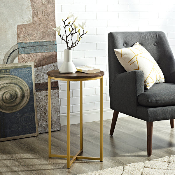 Walker Edison Round Side Table - Dark Walnut/Gold in Durable Laminate, Powder Coated Metal AF16ALSTDWG 842158135056