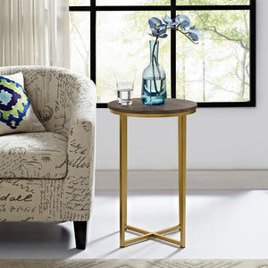 Walker Edison Round Side Table - Dark Walnut/Gold in Durable Laminate, Powder Coated Metal AF16ALSTDWG 842158135056