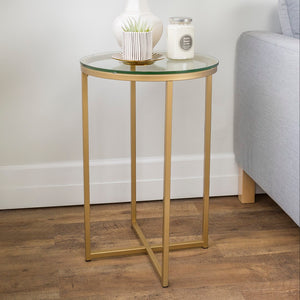 Walker Edison Round Side Table - Glass/Gold in Tempered Safety Glass, Powder Coated Metal AF16ALSTGGD 842158106230