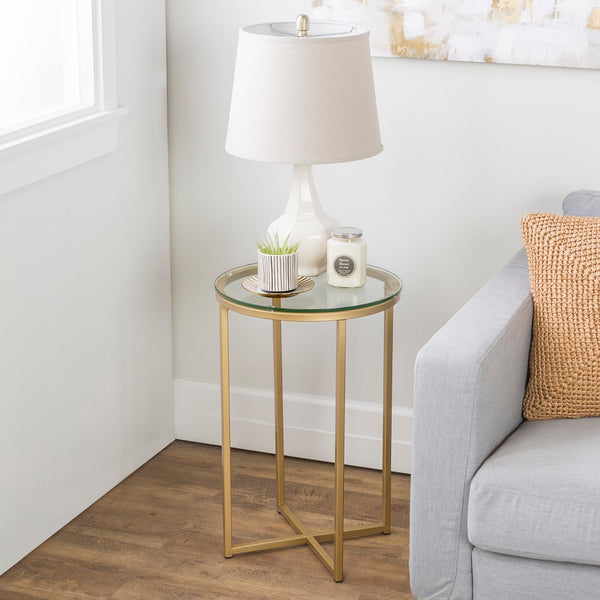 Walker Edison Round Side Table - Glass/Gold in Tempered Safety Glass, Powder Coated Metal AF16ALSTGGD 842158106230