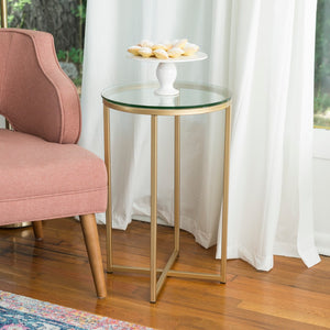 Walker Edison Round Side Table - Glass/Gold in Tempered Safety Glass, Powder Coated Metal AF16ALSTGGD 842158106230