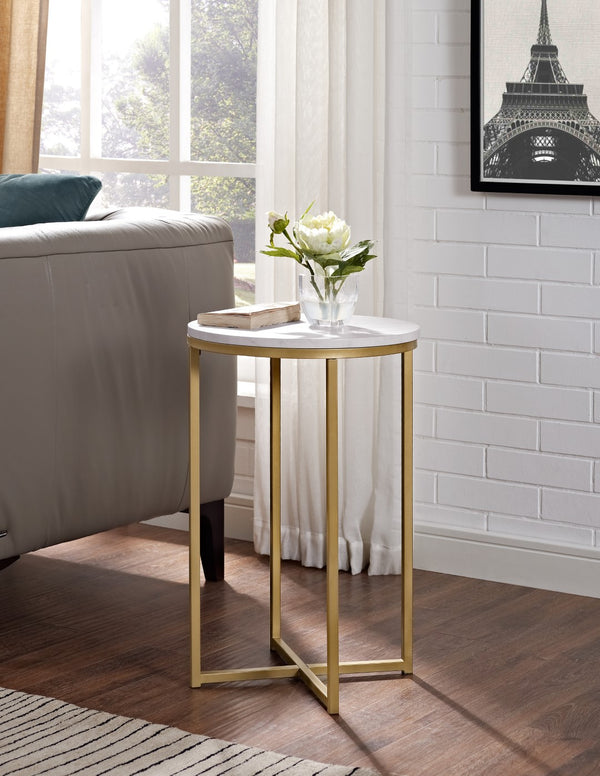 Walker Edison Round Side Table - Marble/Gold in High-Grade MDF, Durable Laminate, Powder Coated Metal AF16ALSTMGD 842158106247