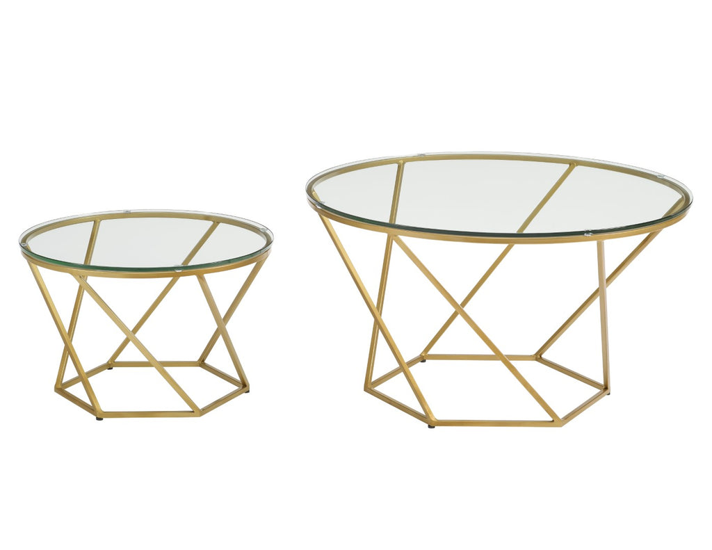 Walker Edison Modern Nesting Tables, Set of 2 - Glass/Gold in Tempered Safety Glass, Powder Coated Metal AF28CLRGGGD 842158105769