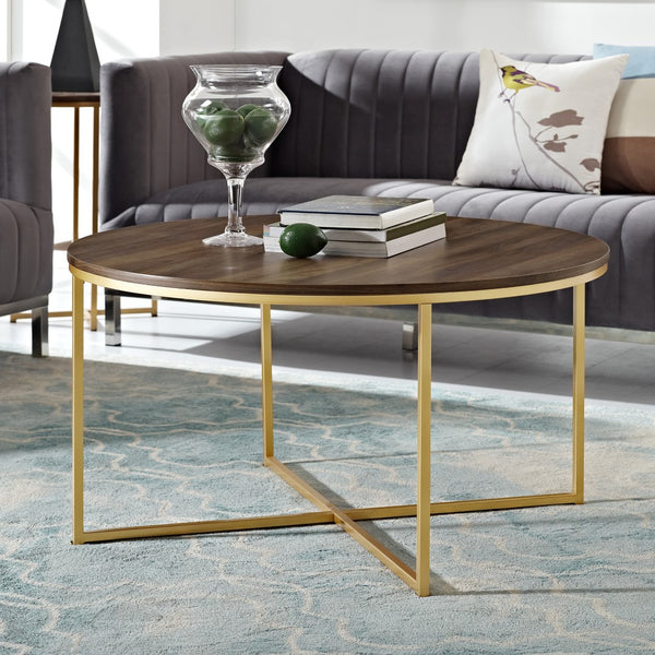 Walker Edison Mid Century Modern Coffee Table - Dark Walnut/Gold in Durable Laminate, Powder Coated Metal AF36ALCTDWG 842158135070