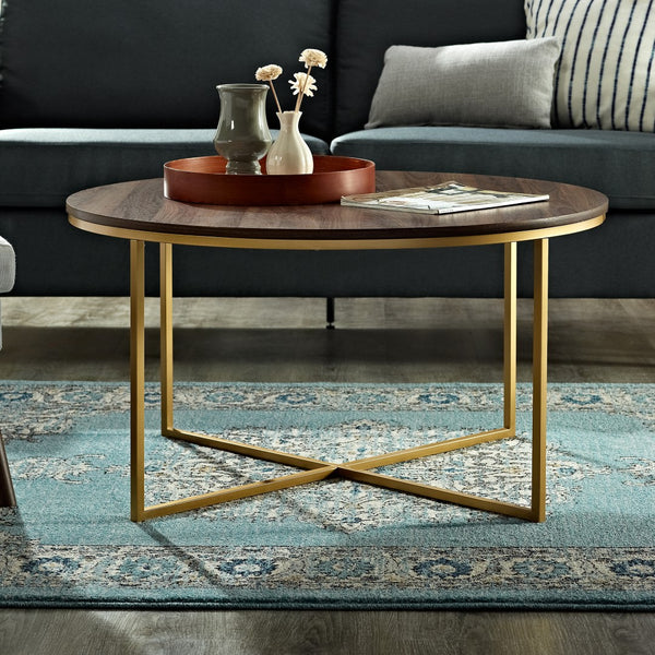 Walker Edison Mid Century Modern Coffee Table - Dark Walnut/Gold in Durable Laminate, Powder Coated Metal AF36ALCTDWG 842158135070