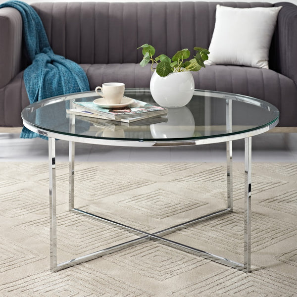 Walker Edison Mid Century Modern Coffee Table - Glass/Chrome in Tempered Safety Glass, Powder Coated Metal AF36ALCTGCR 842158135063