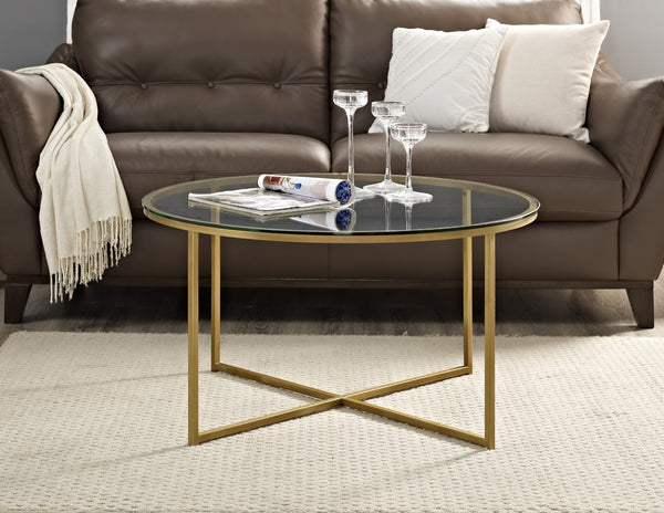 Walker Edison Mid Century Modern Coffee Table - Glass/Gold in Tempered Safety Glass, Powder Coated Metal AF36ALCTGGD 842158106209