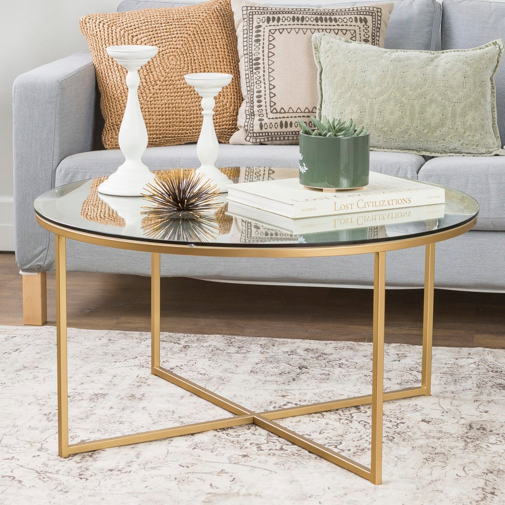 Walker Edison Mid Century Modern Coffee Table - Glass/Gold in Tempered Safety Glass, Powder Coated Metal AF36ALCTGGD 842158106209