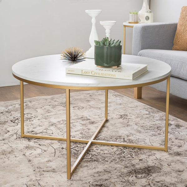 Walker Edison Mid Century Modern Coffee Table - Marble/Gold in High-Grade MDF, Durable Laminate, Powder Coated Metal AF36ALCTMGD 842158106193