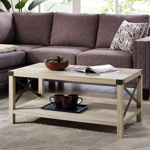 Walker Edison Rustic Wood Coffee Table - White Oak/Bronze in Laminte, Metal Accents AF40MXCTWO 842158137012