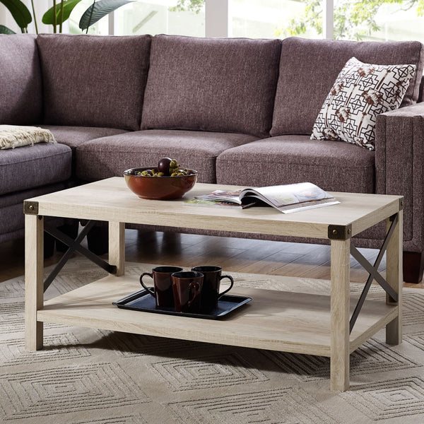 Walker Edison Rustic Wood Coffee Table - White Oak/Bronze in Laminte, Metal Accents AF40MXCTWO 842158137012