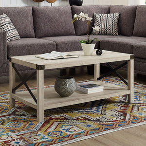 Walker Edison Rustic Wood Coffee Table - White Oak/Bronze in Laminte, Metal Accents AF40MXCTWO 842158137012