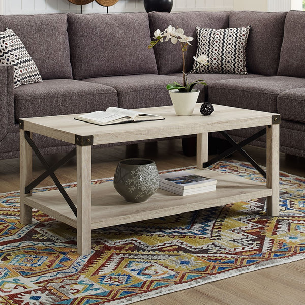 Walker Edison Rustic Wood Coffee Table - White Oak/Bronze in Laminte, Metal Accents AF40MXCTWO 842158137012