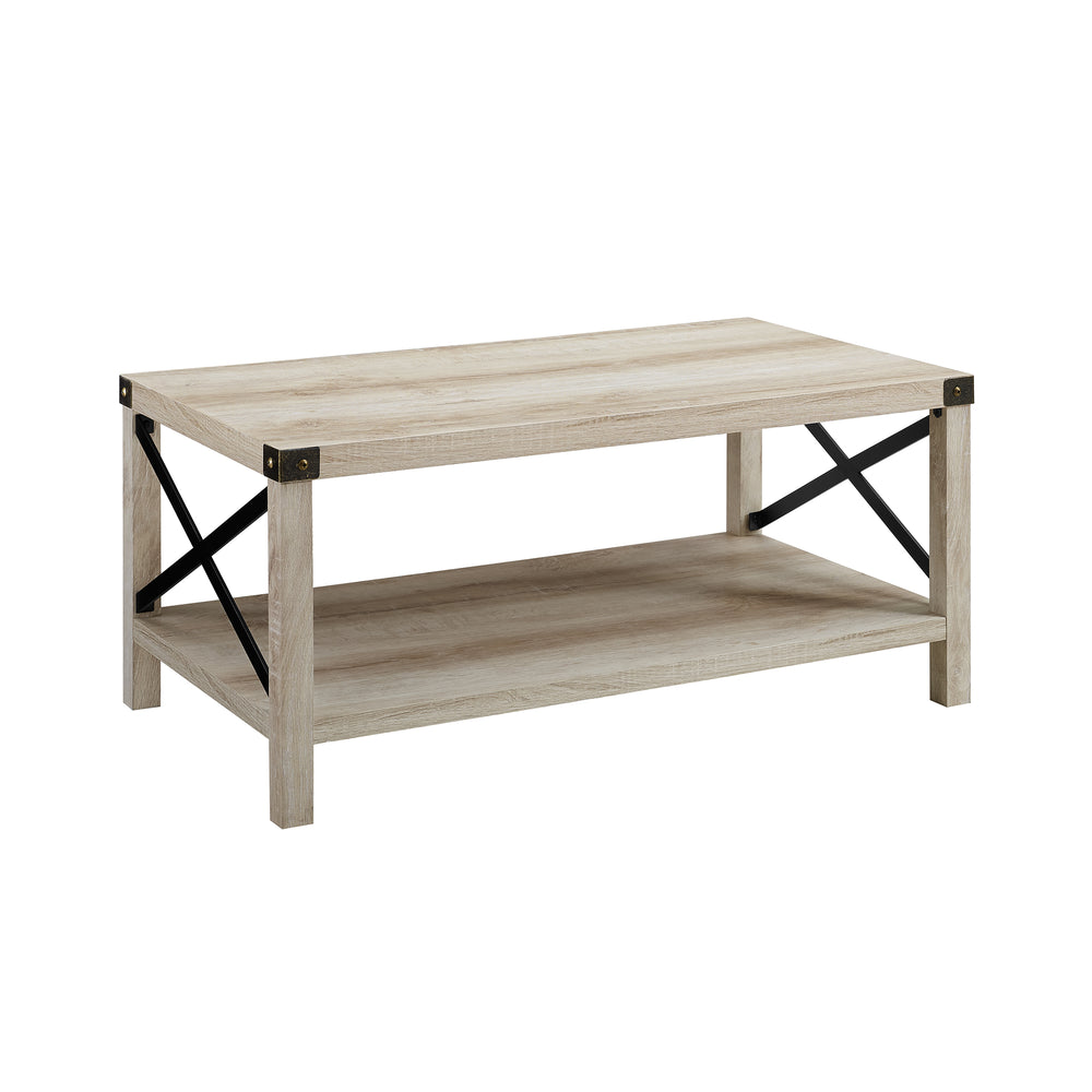 Walker Edison Rustic Wood Coffee Table - White Oak/Bronze in Laminte, Metal Accents AF40MXCTWO 842158137012