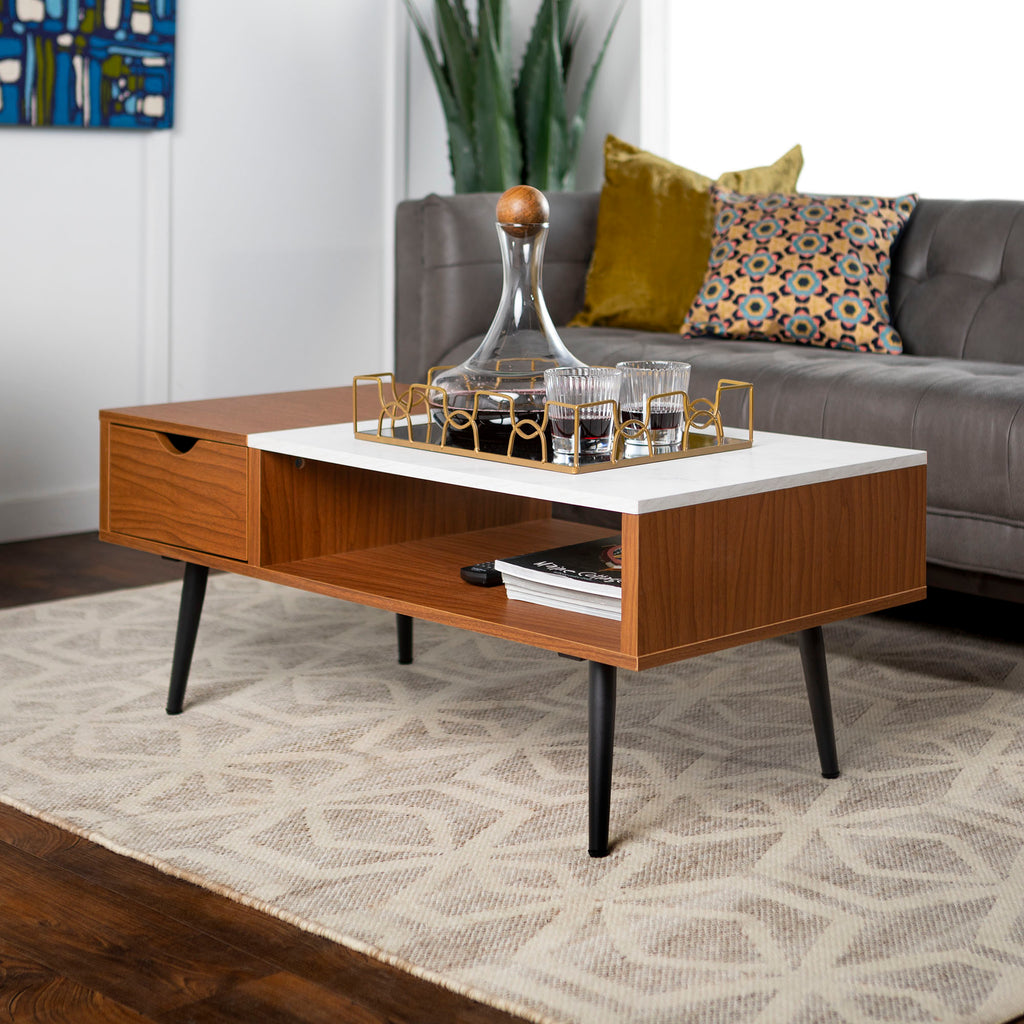 Walker Edison Mid Century Modern Faux Marble Coffee Table - Acorn in High-Grade MDF, Durable Laminate, Painted Metal AF42JMMBPC 842158132444
