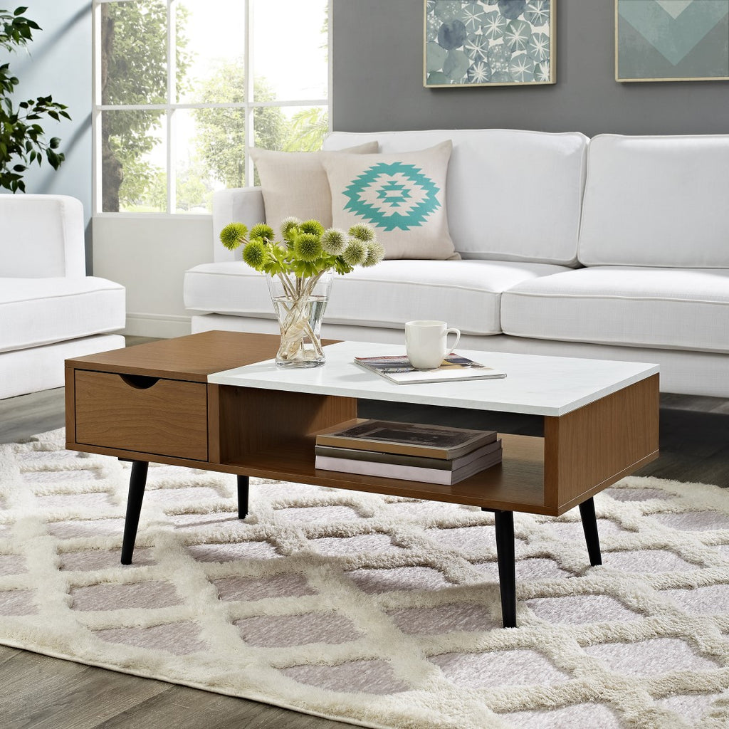 Walker Edison Mid Century Modern Faux Marble Coffee Table - Acorn in High-Grade MDF, Durable Laminate, Painted Metal AF42JMMBPC 842158132444
