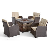 Malvern Outdoor 4 Seater Wicker Chat Set with Fire Pit, Dark Brown, Beige, and Stone Finish Noble House