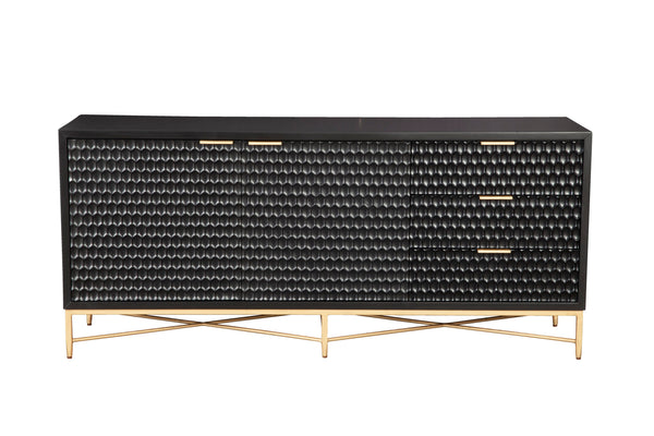 Black Pearl Media Console - Stylish Storage with Textured Fronts, Gold Accents & Mahogany Finish