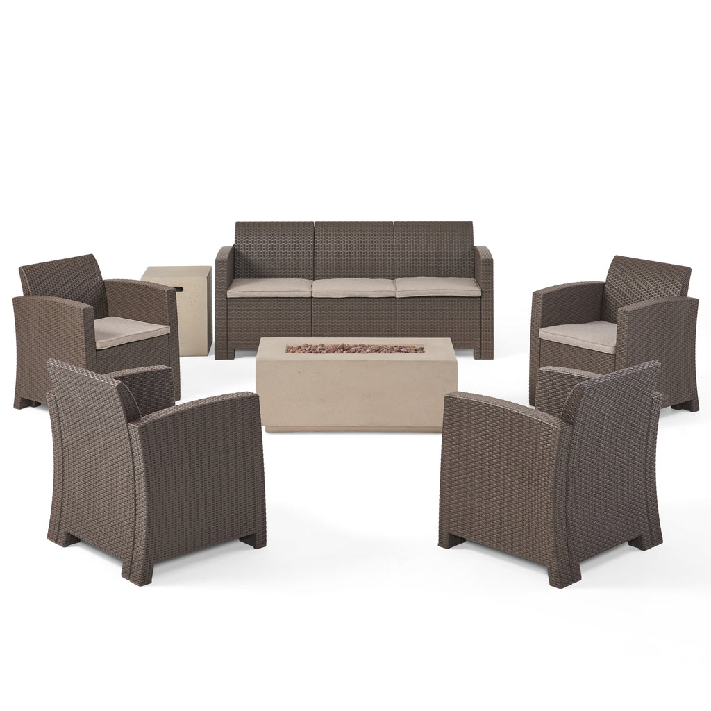 Mercier Outdoor 7-Seater Wicker Chat Set with Fire Pit and Tank Holder, Brown with Mixed Beige and Light Gray Noble House