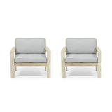 Santa Ana Outdoor Acacia Wood Club Chairs with Cushions, Brushed Light Gray and Light Gray Noble House