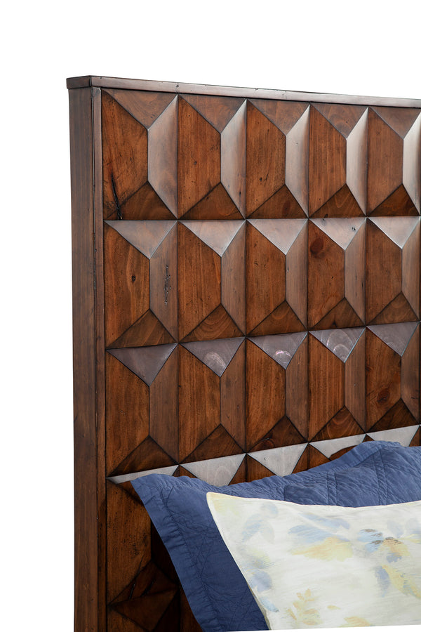 Trig Queen Headboard - Distinctive Geometric Design with Aged Brown Finish for Urban Elegance