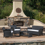 St. Lucia Outdoor 4 Piece Black Wicker Chat Set with White Water Resistant Cushions Noble House