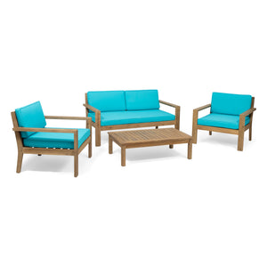 Santa Ana Outdoor 4 Seater Acacia  Wood Chat Set with Cushions, Wire Brushed Light Brown and Teal Noble House