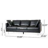 Brockbank Modern Faux Leather 3 Seater Sofa with Pillows, Midnight Black and Silver Noble House