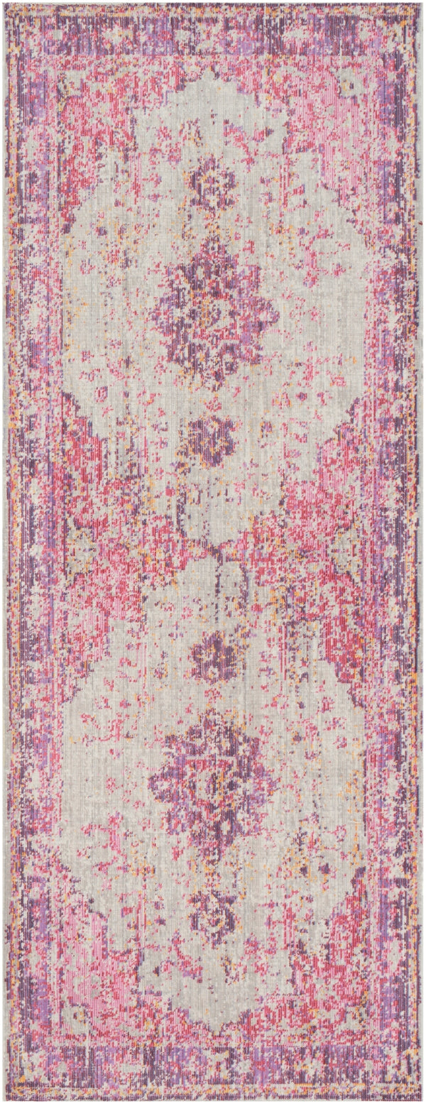 Antioch AIC-2305 Traditional Polyester Rug AIC2305-3710 Bright Pink, Light Gray, Lavender, Dark Purple, Medium Gray, Bright Yellow, Saffron 100% Polyester 2'11" x 7'10"