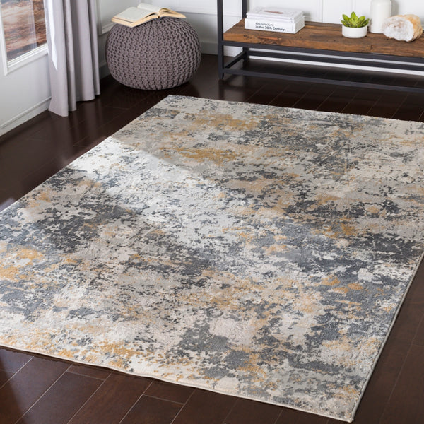 Aisha AIS-2303 Modern Viscose, Polyester Rug AIS2303-93123 Charcoal, Medium Gray, Light Gray, Mustard 70% Viscose, 30% Polyester 9' x 12'3"