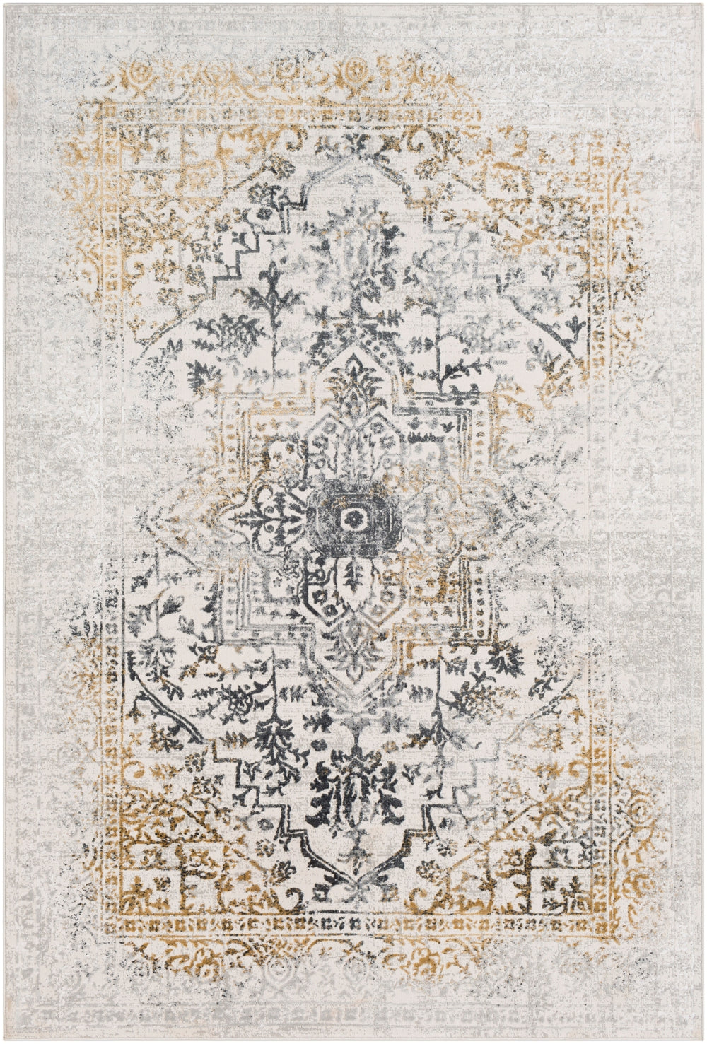 Aisha AIS-2308 Traditional Viscose, Polyester Rug AIS2308-93123 Charcoal, Medium Gray, Mustard, Light Gray 70% Viscose, 30% Polyester 9' x 12'3"