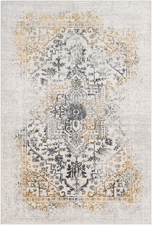 Aisha AIS-2308 Traditional Viscose, Polyester Rug AIS2308-93123 Charcoal, Medium Gray, Mustard, Light Gray 70% Viscose, 30% Polyester 9' x 12'3"