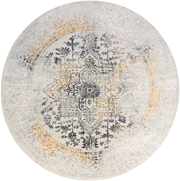 Aisha AIS-2308 Traditional Viscose, Polyester Rug AIS2308-710RD Charcoal, Medium Gray, Mustard, Light Gray 70% Viscose, 30% Polyester 7'10" Round