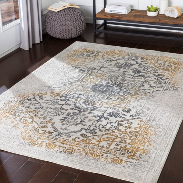 Aisha AIS-2308 Traditional Viscose, Polyester Rug AIS2308-93123 Charcoal, Medium Gray, Mustard, Light Gray 70% Viscose, 30% Polyester 9' x 12'3"