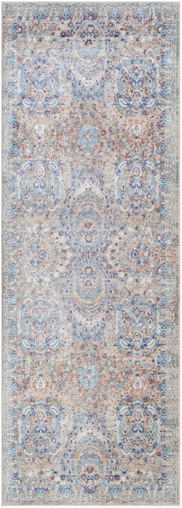 Aisha AIS-2310 Traditional Viscose, Polyester Rug AIS2310-2777 Burnt Orange, Wheat, Violet, Sky Blue, Denim, Medium Gray, Light Gray, White 70% Viscose, 30% Polyester 2'7" x 7'7"